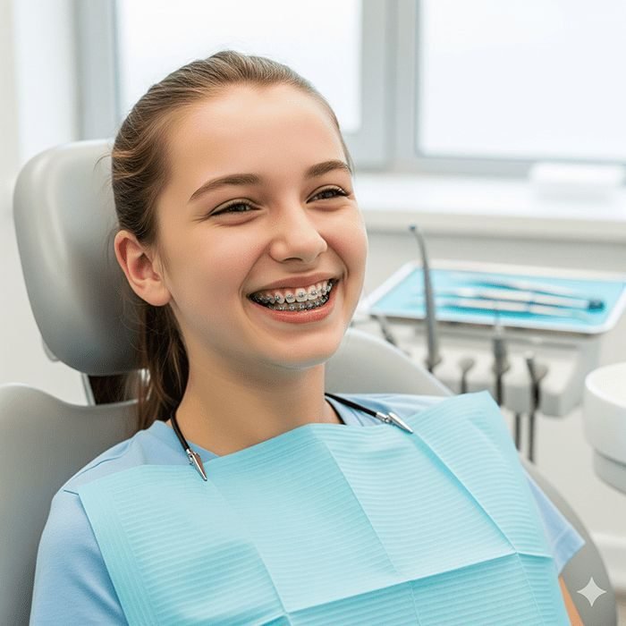 Young woman smiling with braces
